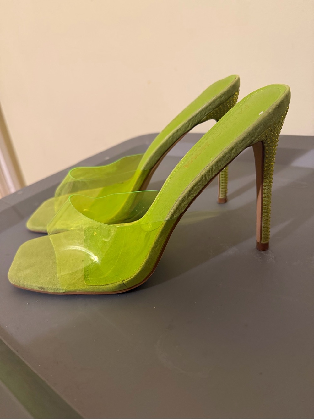 Fashion Nova Neon Lime Clear Strap Stiletto Heels